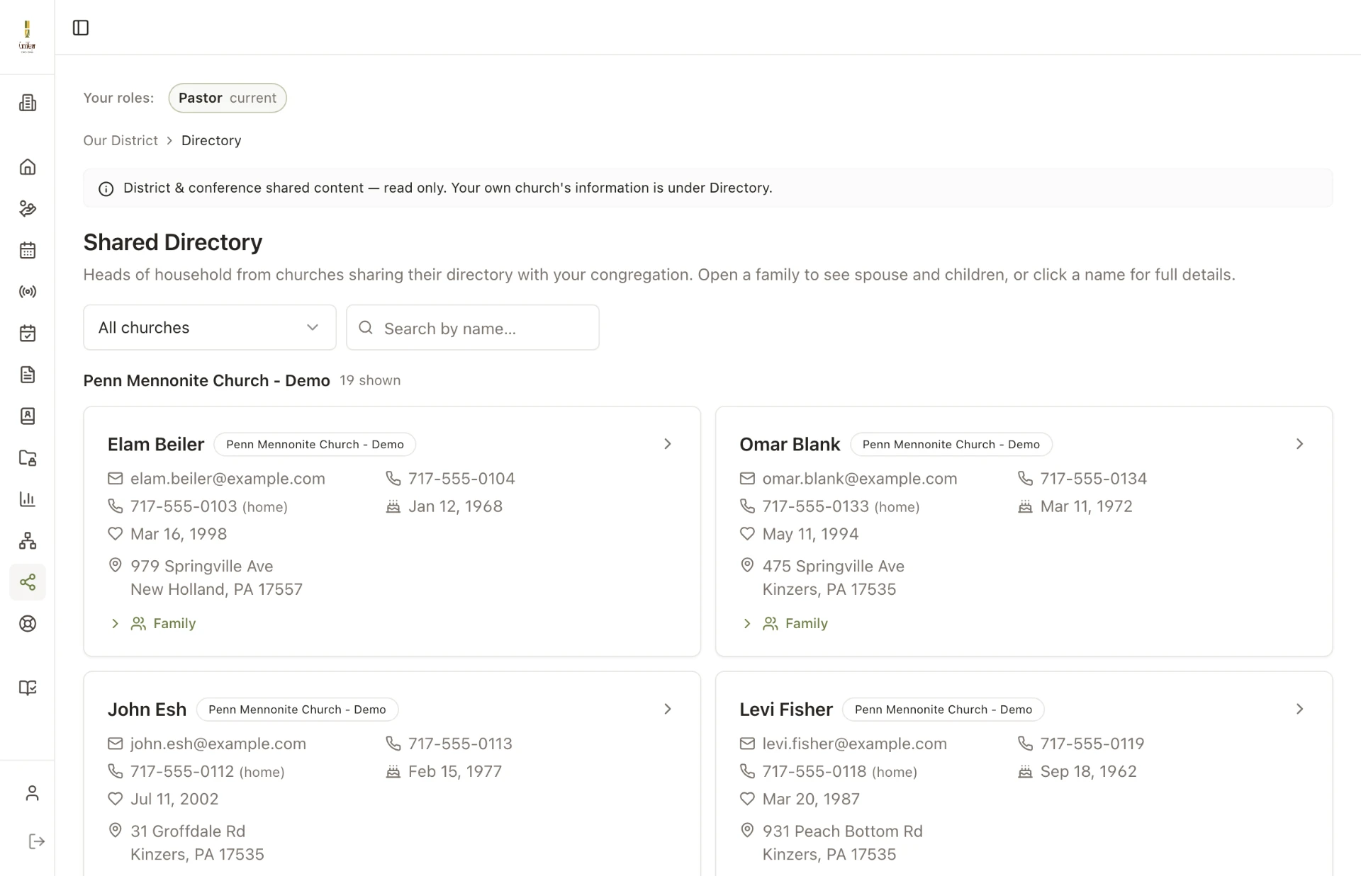 ChurchKeeper Shared Directory listing heads of household from another church in the district or conference, with contact details and family links.