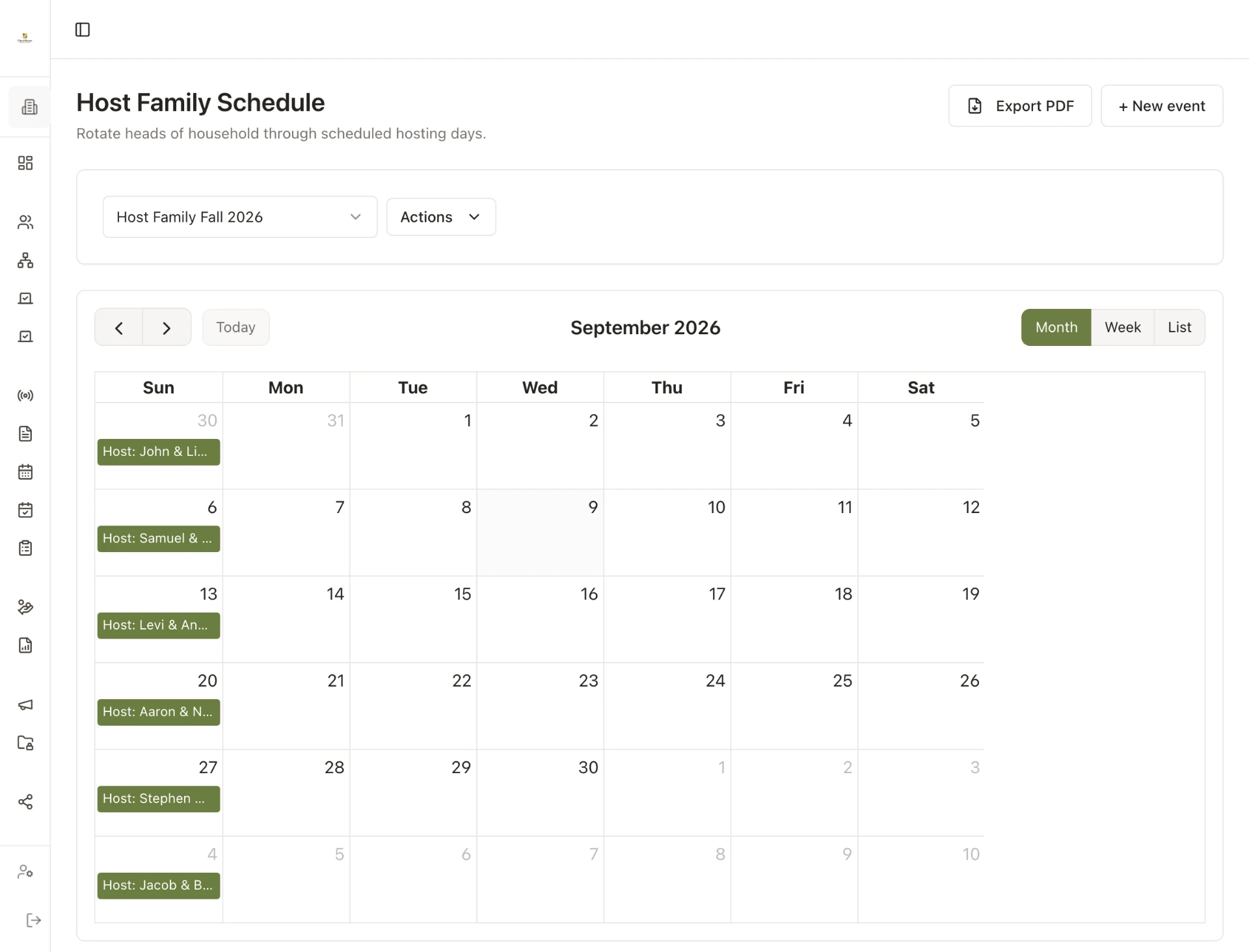 ChurchKeeper host family schedule showing upcoming Sundays with assigned families.