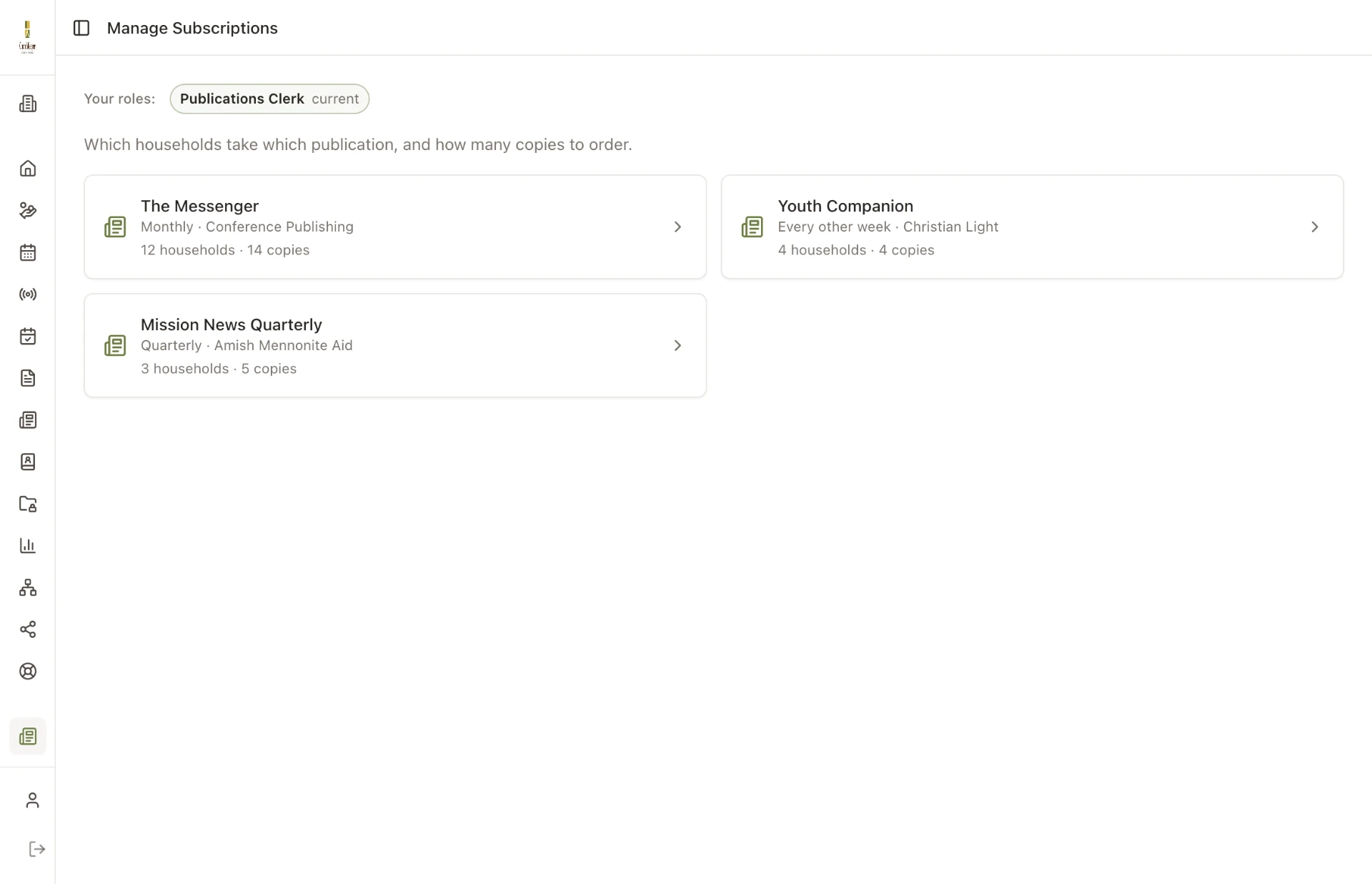 The Manage Subscriptions page inside the member portal, showing the church's publications with household and copy counts.