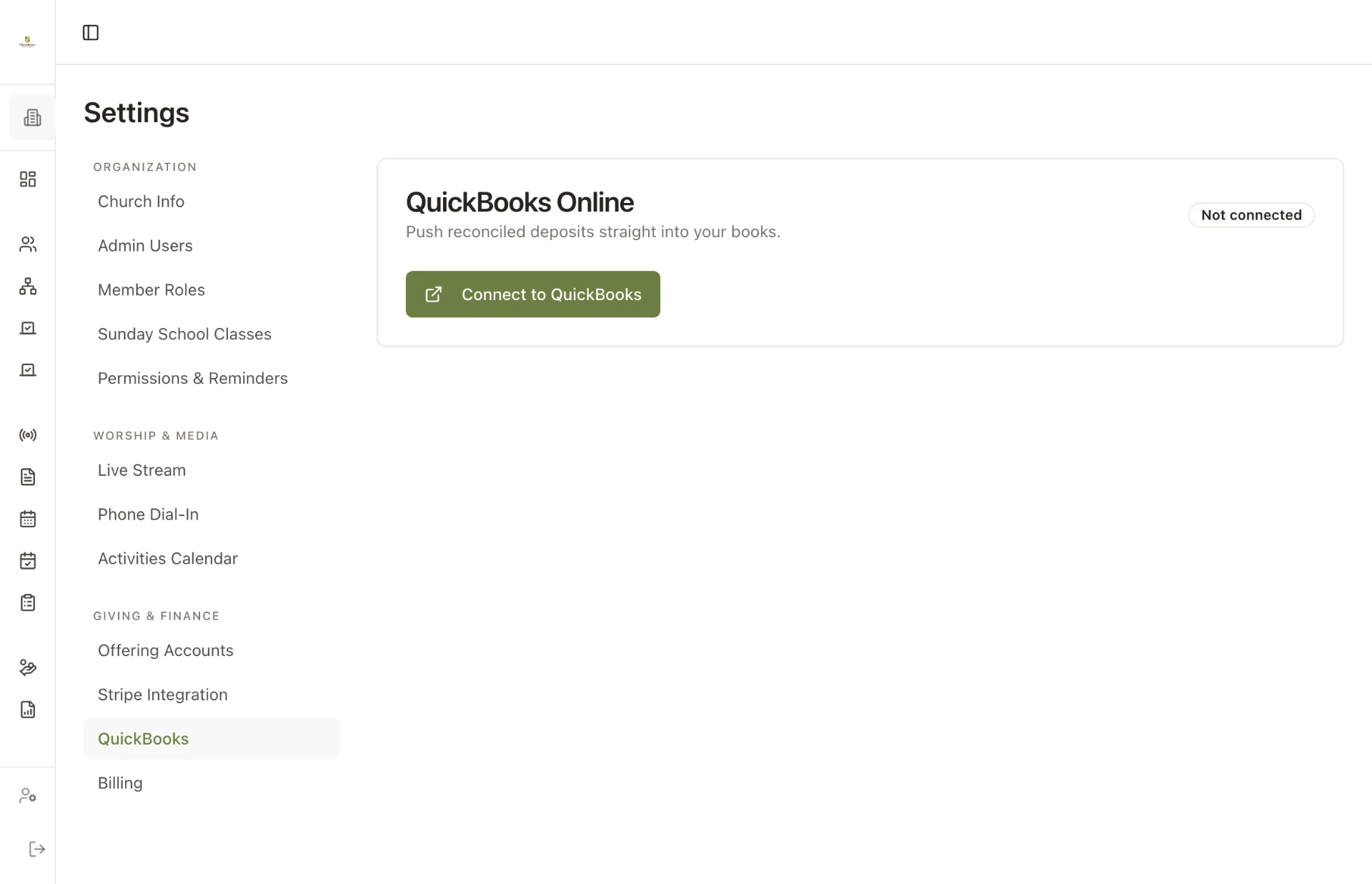 ChurchKeeper QuickBooks Online settings showing the connection and sync status.