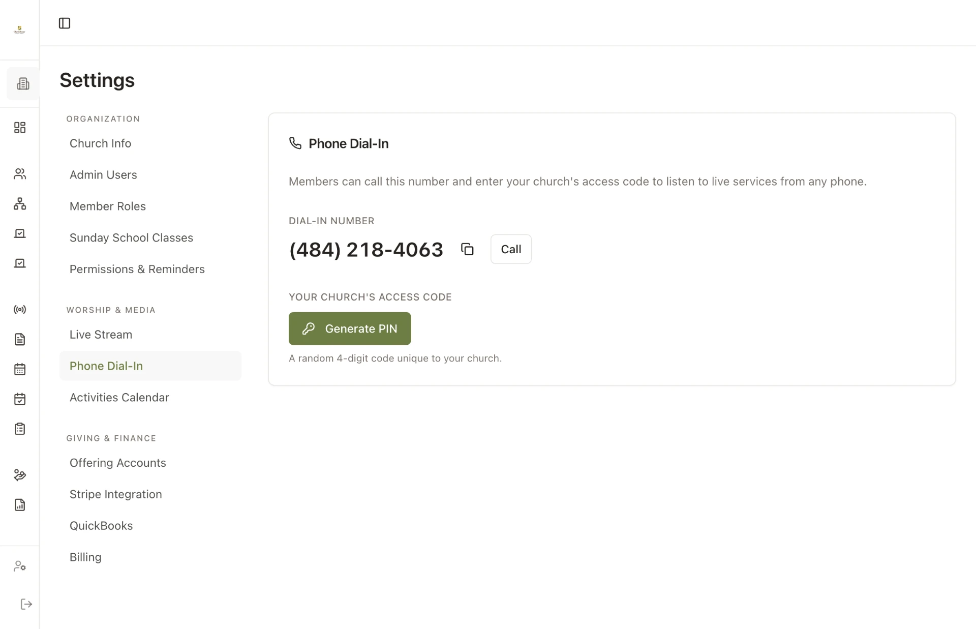 ChurchKeeper phone dial-in settings showing the call-in number and church access code.