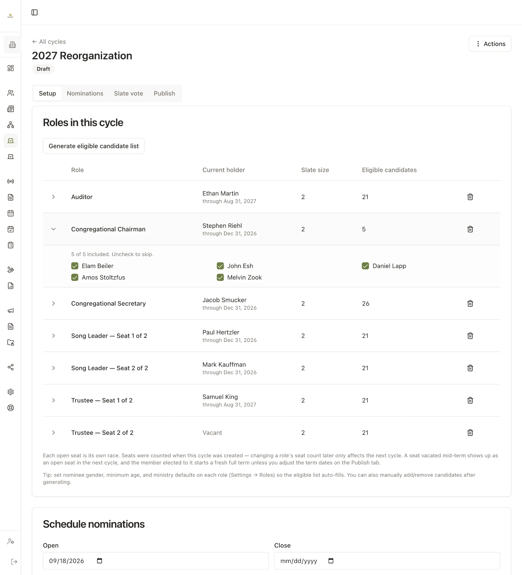 ChurchKeeper reorganization setup listing the open seats for the coming term, each with its current holder and the number of eligible candidates, with one race expanded to show the names.