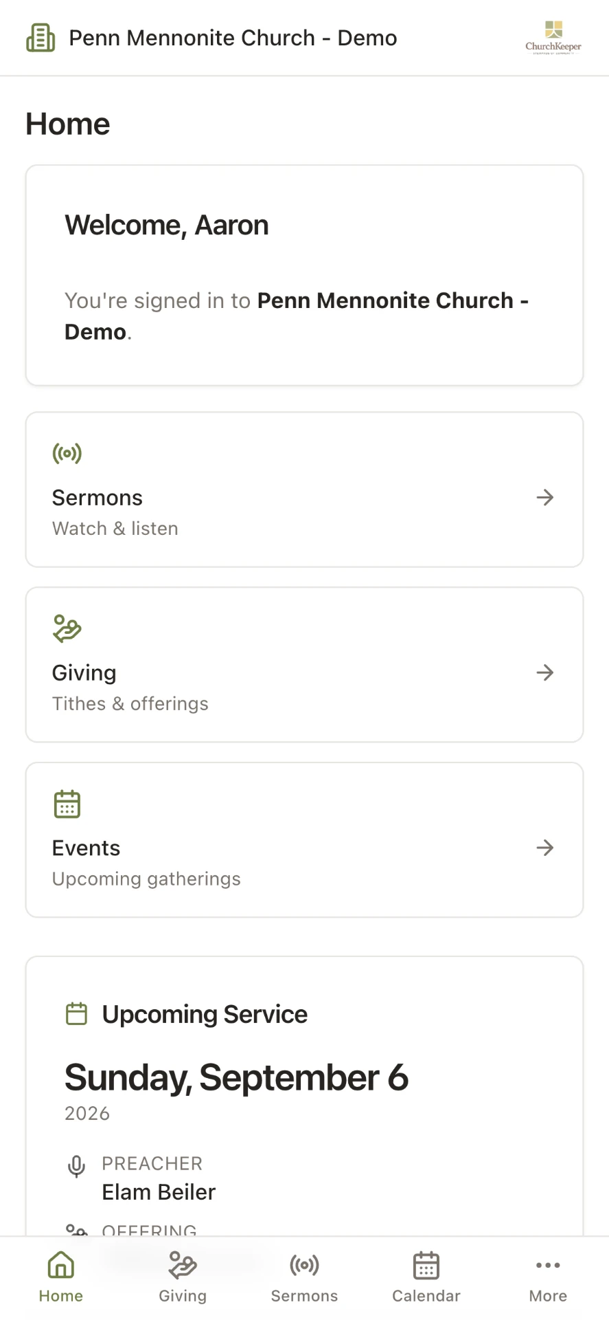 ChurchKeeper member portal home screen on a phone.