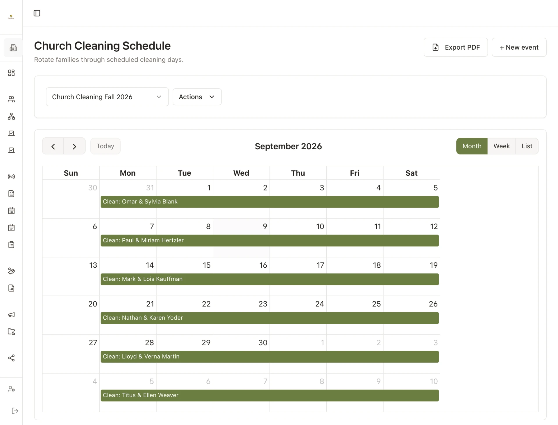 ChurchKeeper cleaning schedule showing rotating assignments by family.