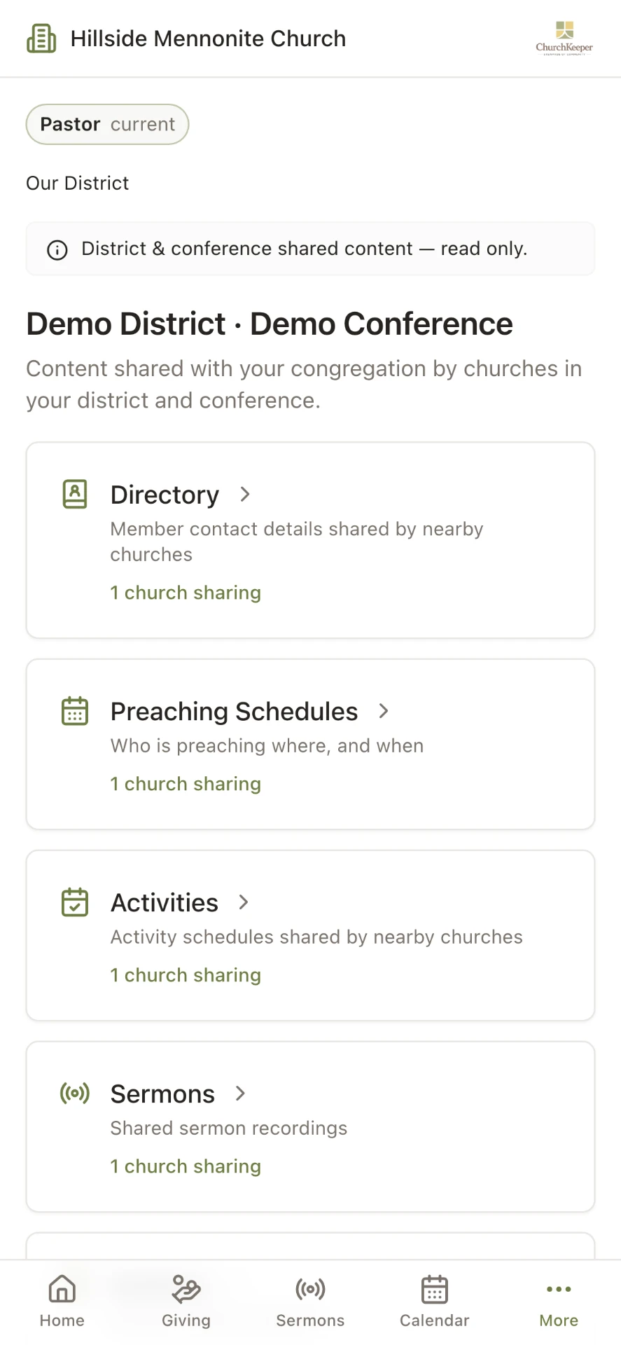 ChurchKeeper member portal Our District page on a phone, listing shared directory, preaching schedules, activities, sermons, and bulletins.