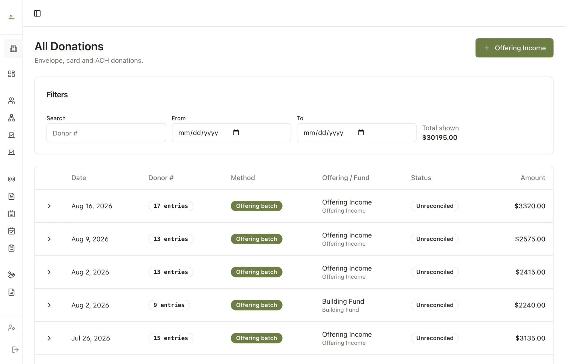 ChurchKeeper All Donations view listing offering batches and online gifts with funds, status, and amounts.