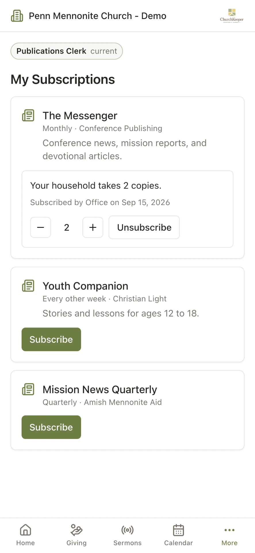 The My Subscriptions page on a phone, listing the church's publications with the household's current choices.