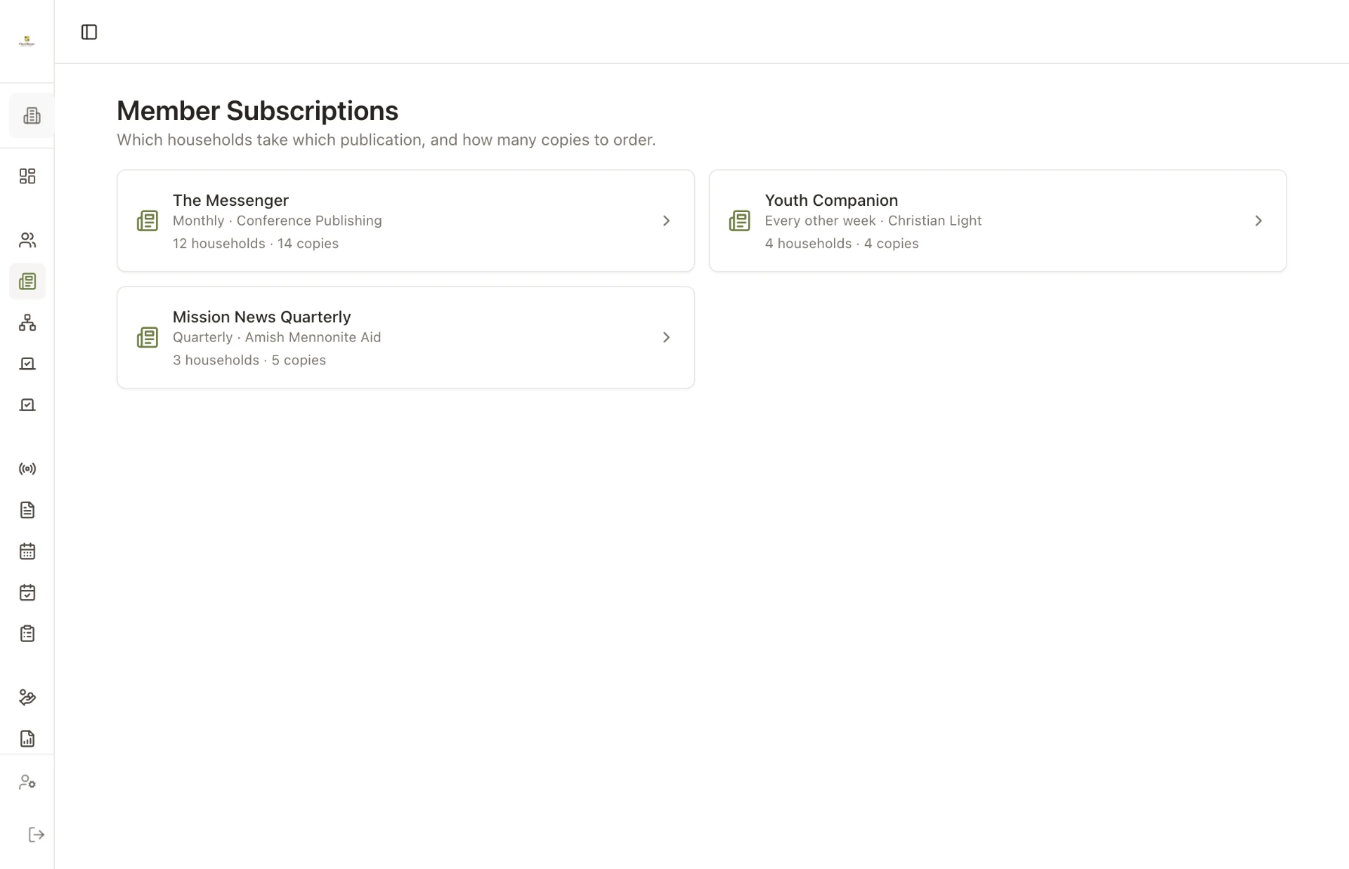 ChurchKeeper Member Subscriptions page showing three publications, each with its frequency, publisher, household count, and copy count.