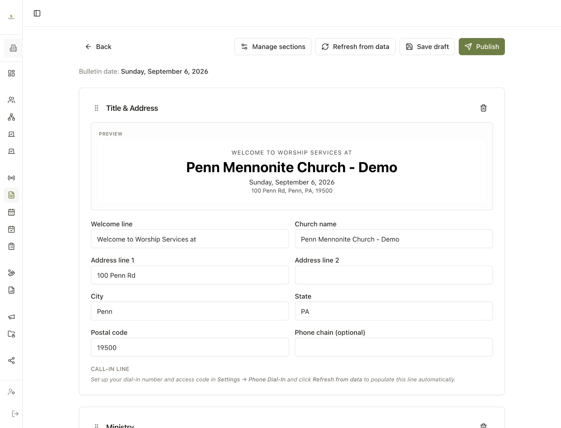 ChurchKeeper bulletin builder showing draft sections pulled from schedules and announcements.