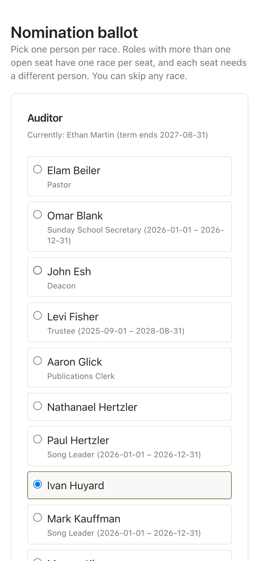 A nomination ballot open on a phone, showing one race with the current holder and a list of eligible members to choose from.