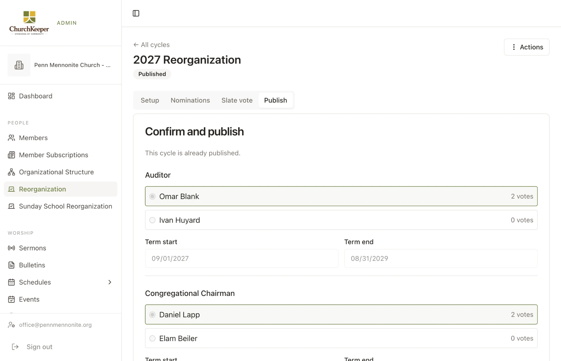 ChurchKeeper reorganization results showing each race with its two candidates, their vote counts, and the recorded winner.