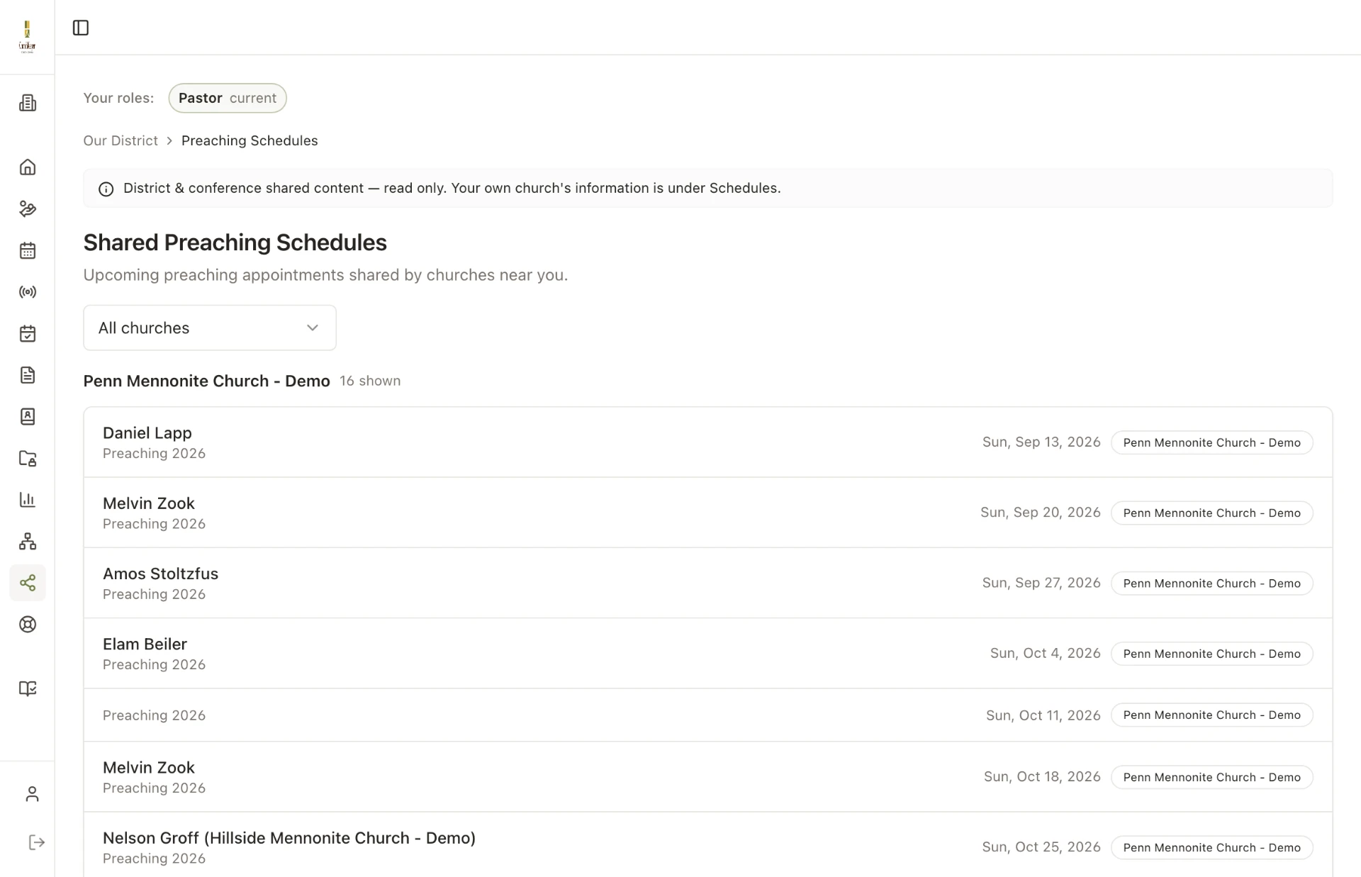 ChurchKeeper Shared Preaching Schedules listing upcoming Sundays with speakers and the church they are preaching at.