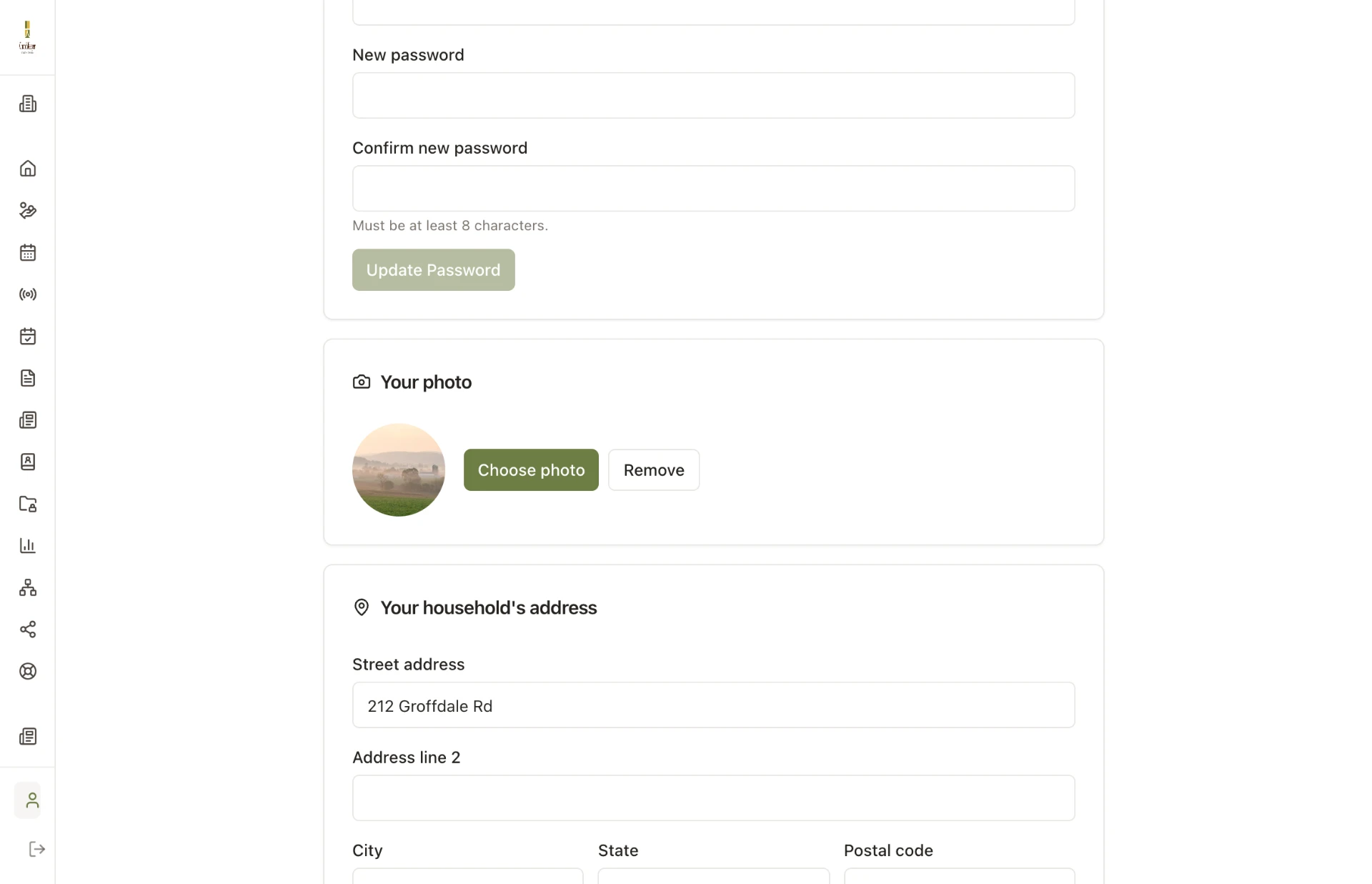 The member portal account page with the household's address and an alternate mailing address open for editing.