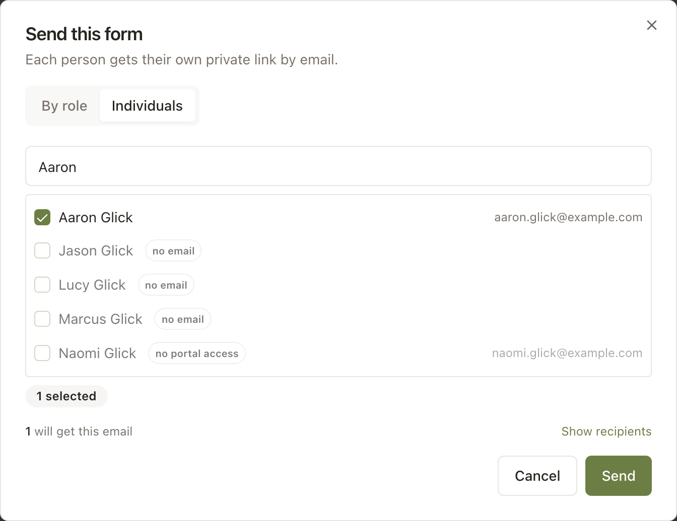 ChurchKeeper "Send this form" dialog, choosing recipients by role or individually, with one member selected.