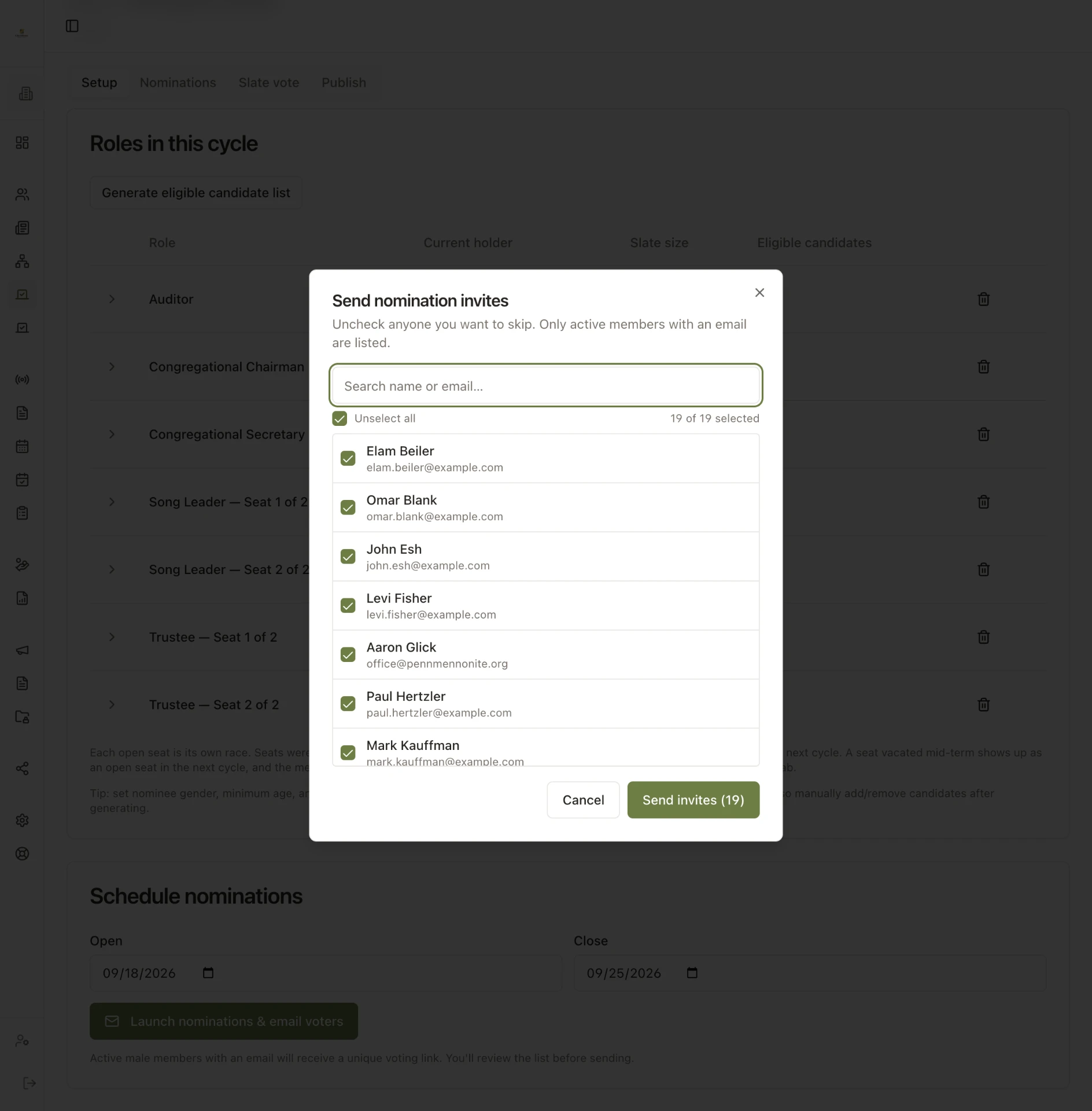ChurchKeeper "Send nomination invites" dialog listing voters with checkboxes and a search box.