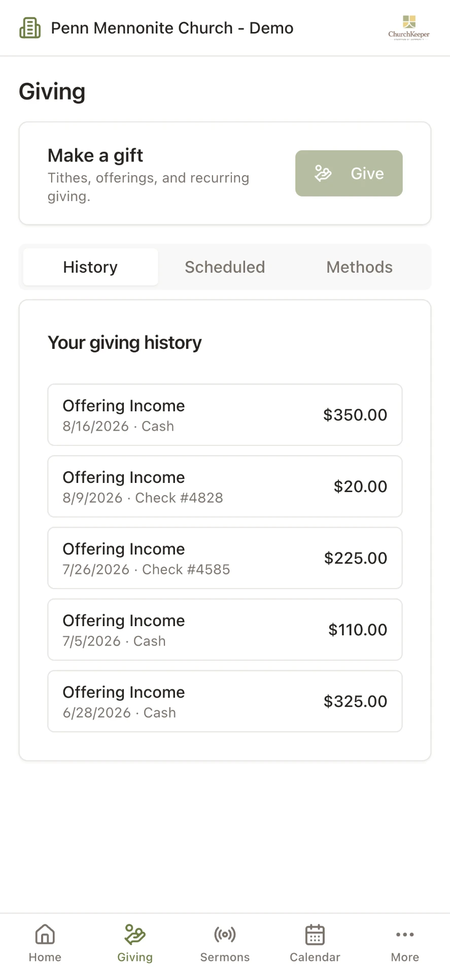 ChurchKeeper member portal giving screen on a phone.