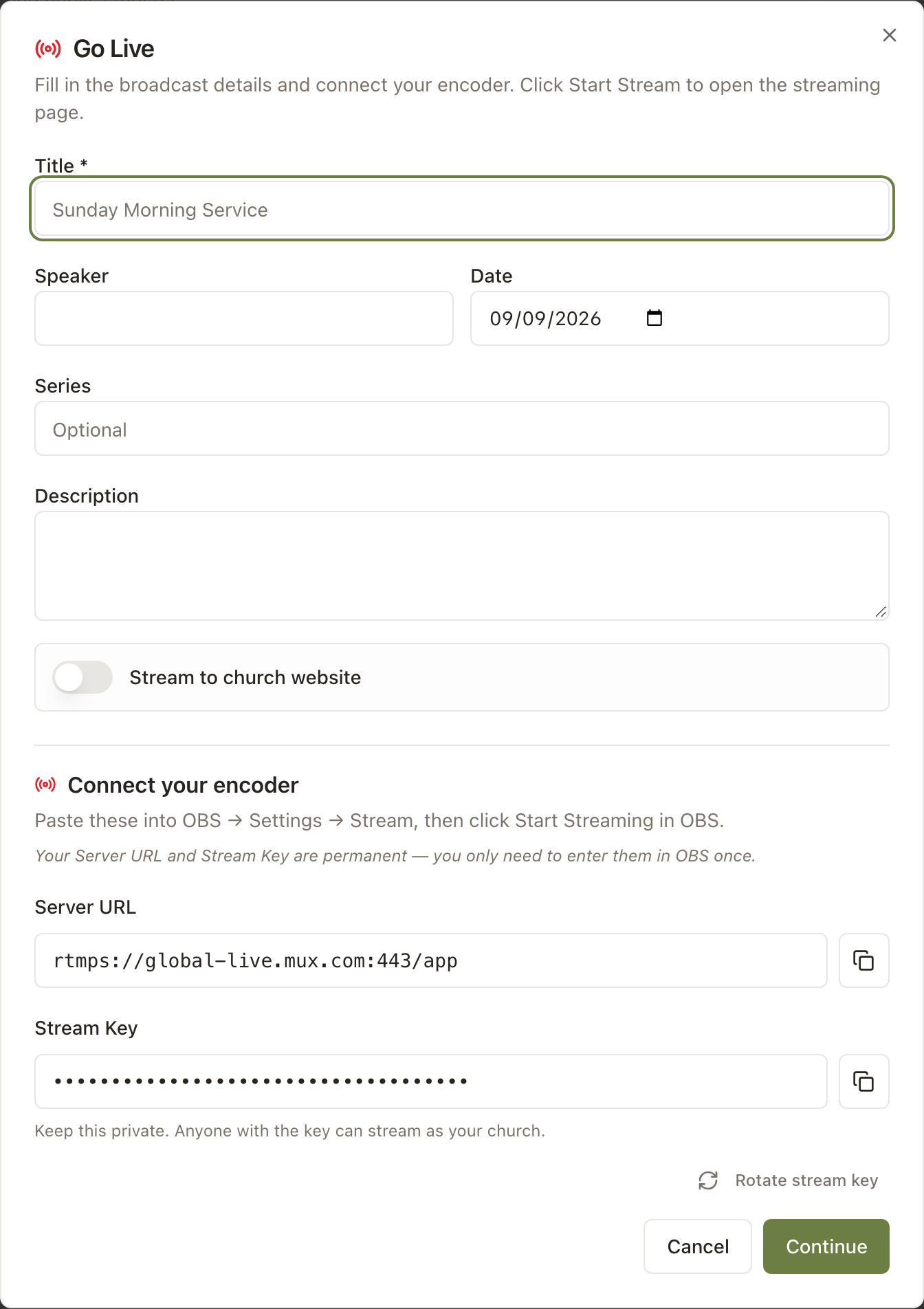 ChurchKeeper Go Live modal showing broadcast details and encoder connection with server URL and stream key.