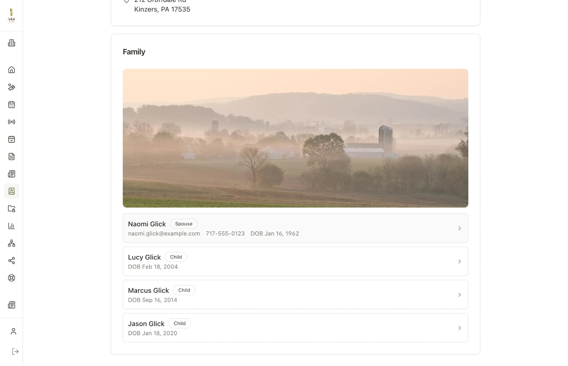 A family's directory page with the family photo above the list of household members.