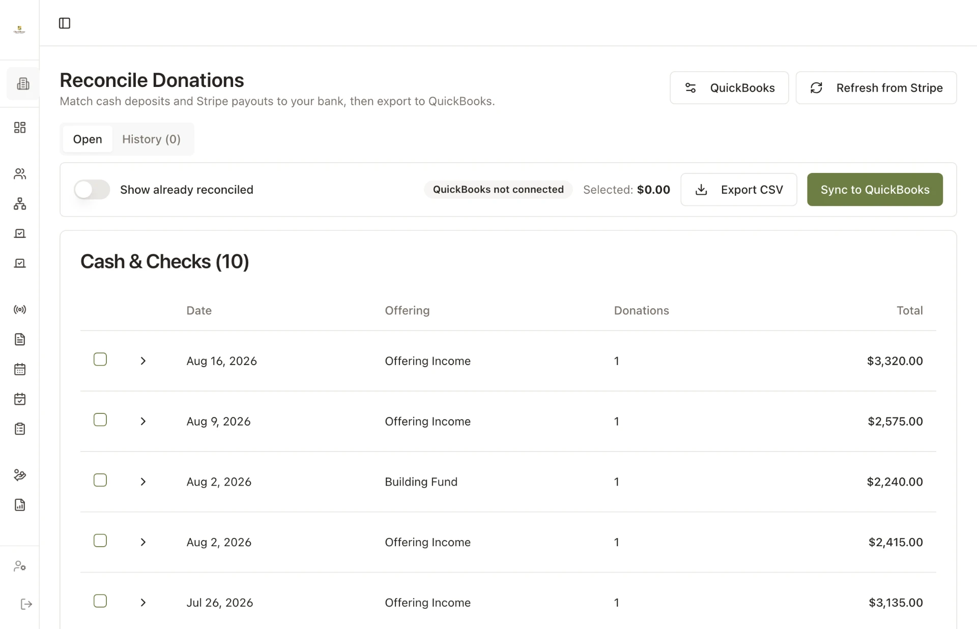 ChurchKeeper Reconcile Donations page with open batches, QuickBooks status, and cash and check rows.
