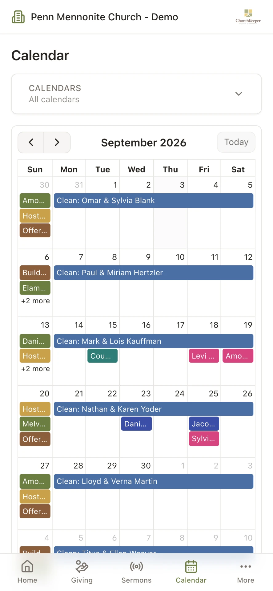 ChurchKeeper member portal calendar on a phone.