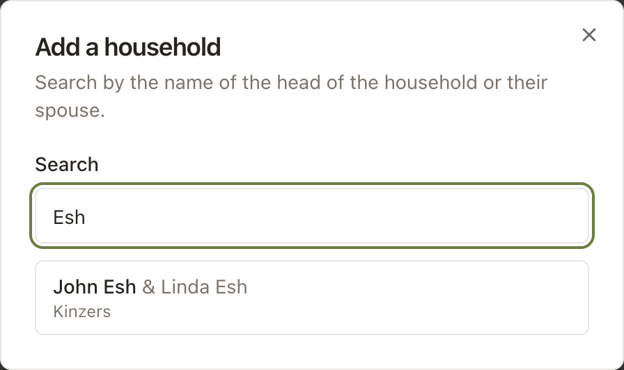ChurchKeeper "Add household" dialog with a family search and a copies field.