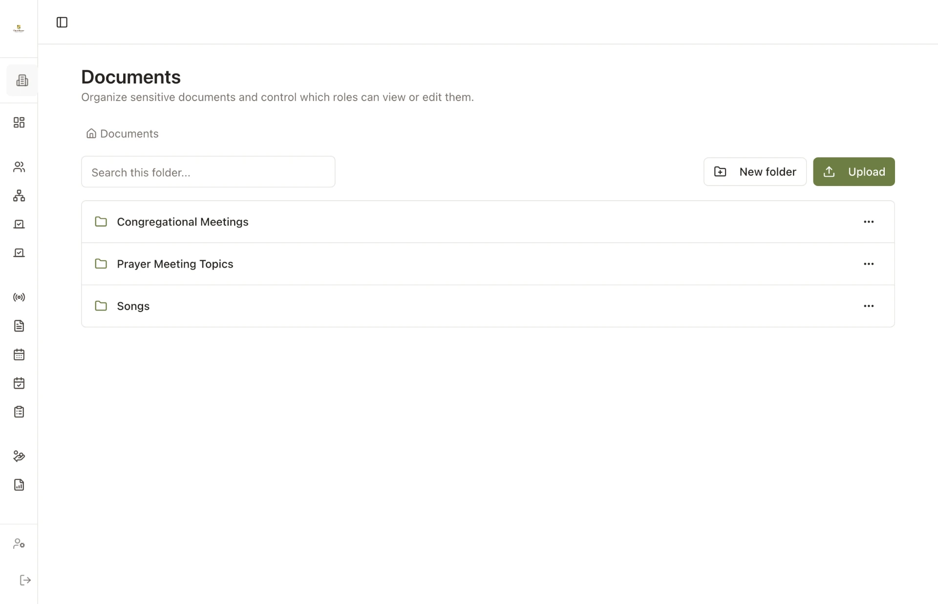 ChurchKeeper Documents root showing three folders — Congregational Meetings, Prayer Meeting Topics, and Songs — with search, new folder, and upload controls.