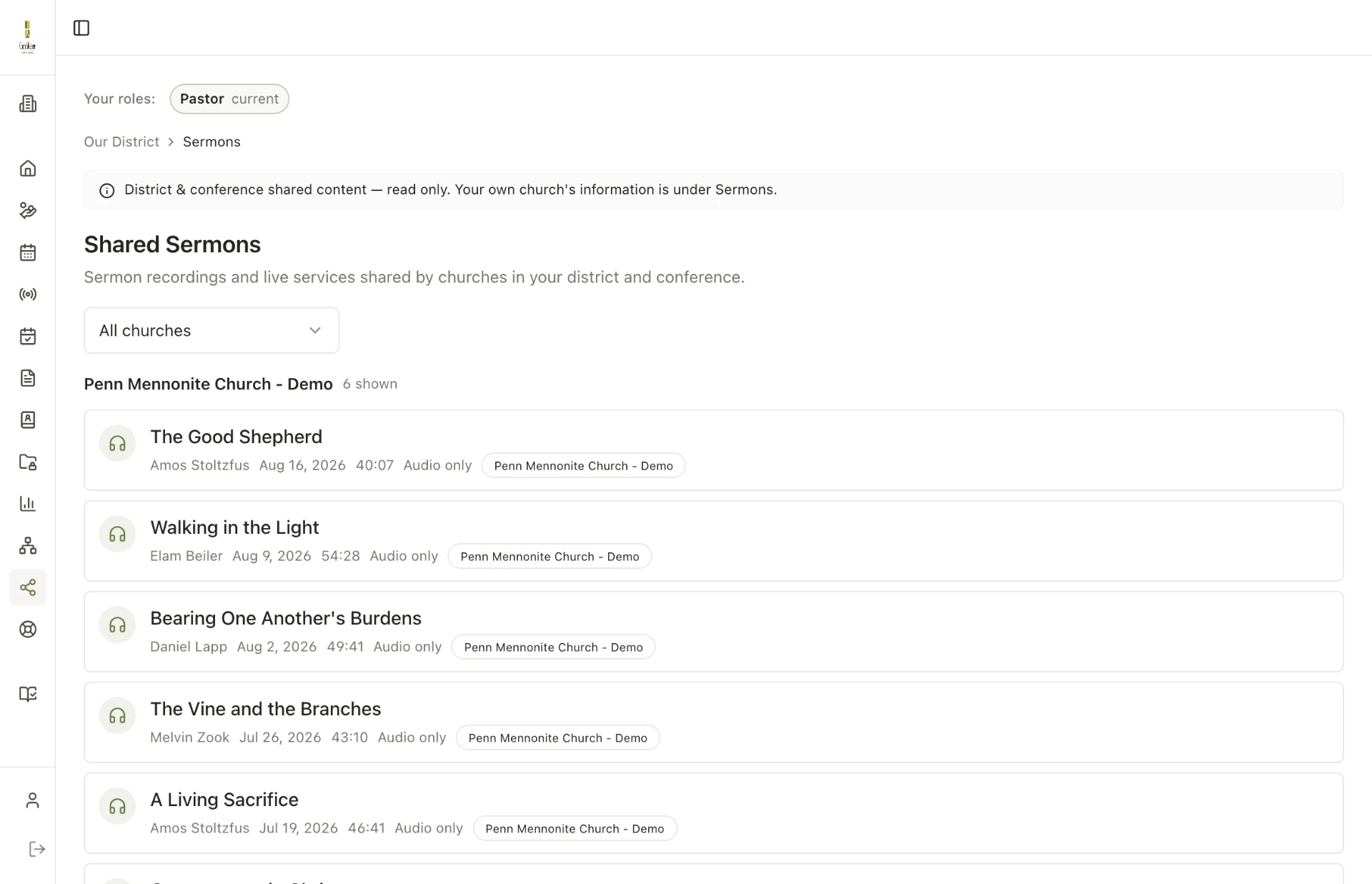ChurchKeeper Shared Sermons listing recordings from another church in the district or conference, with speaker, date, and length.