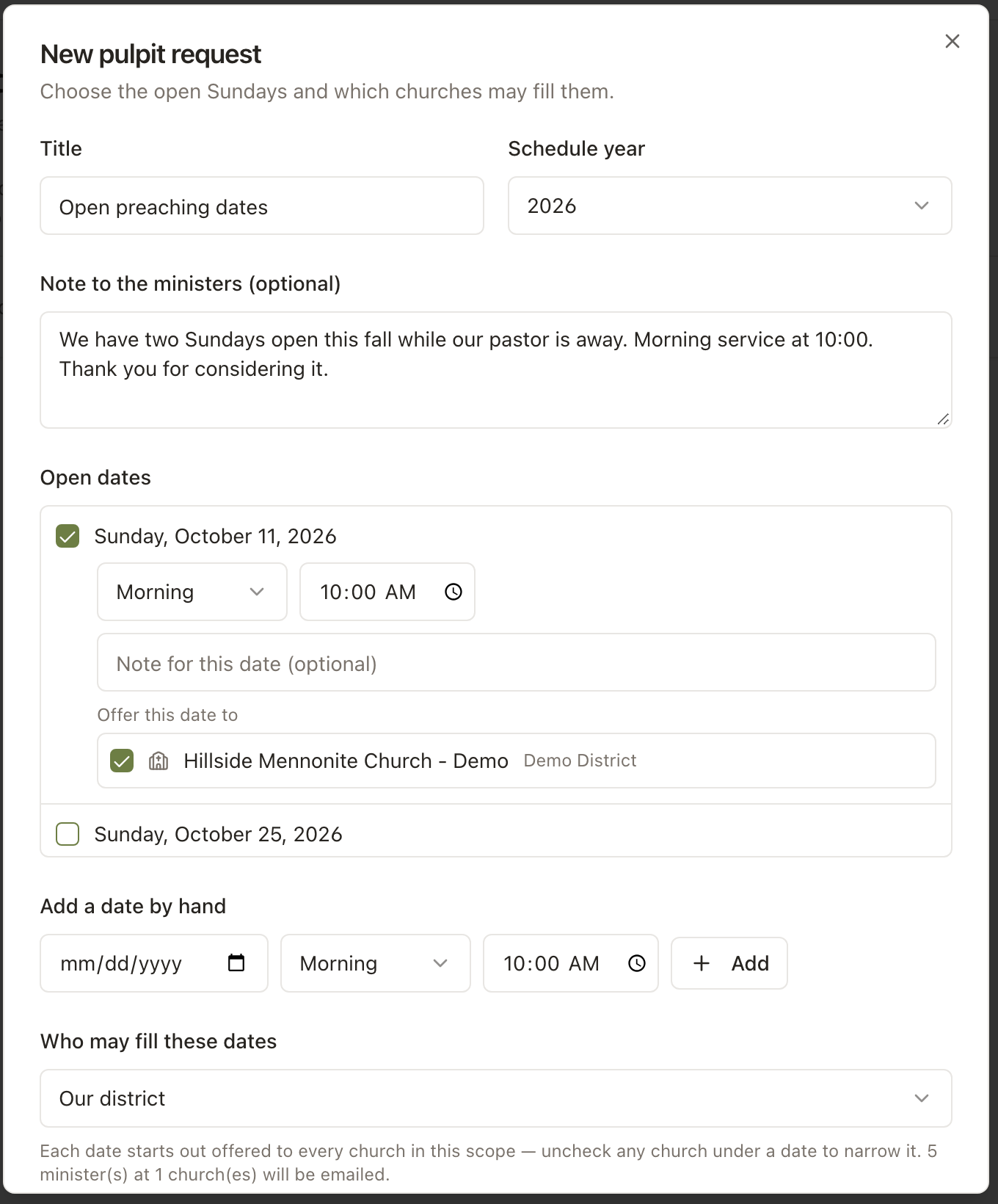 ChurchKeeper pulpit request wizard with a date expanded showing service time, a note, and the list of churches to ask.