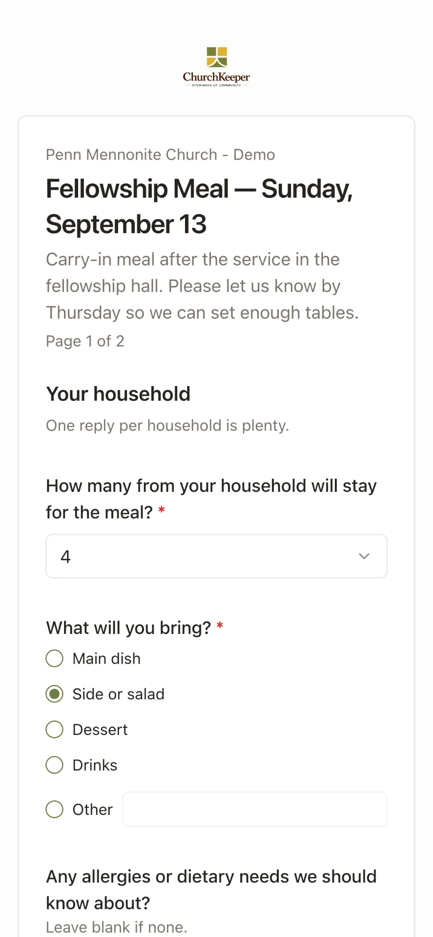 A fellowship meal sign-up form open on a phone, with the member's name at the top and the first questions answered.