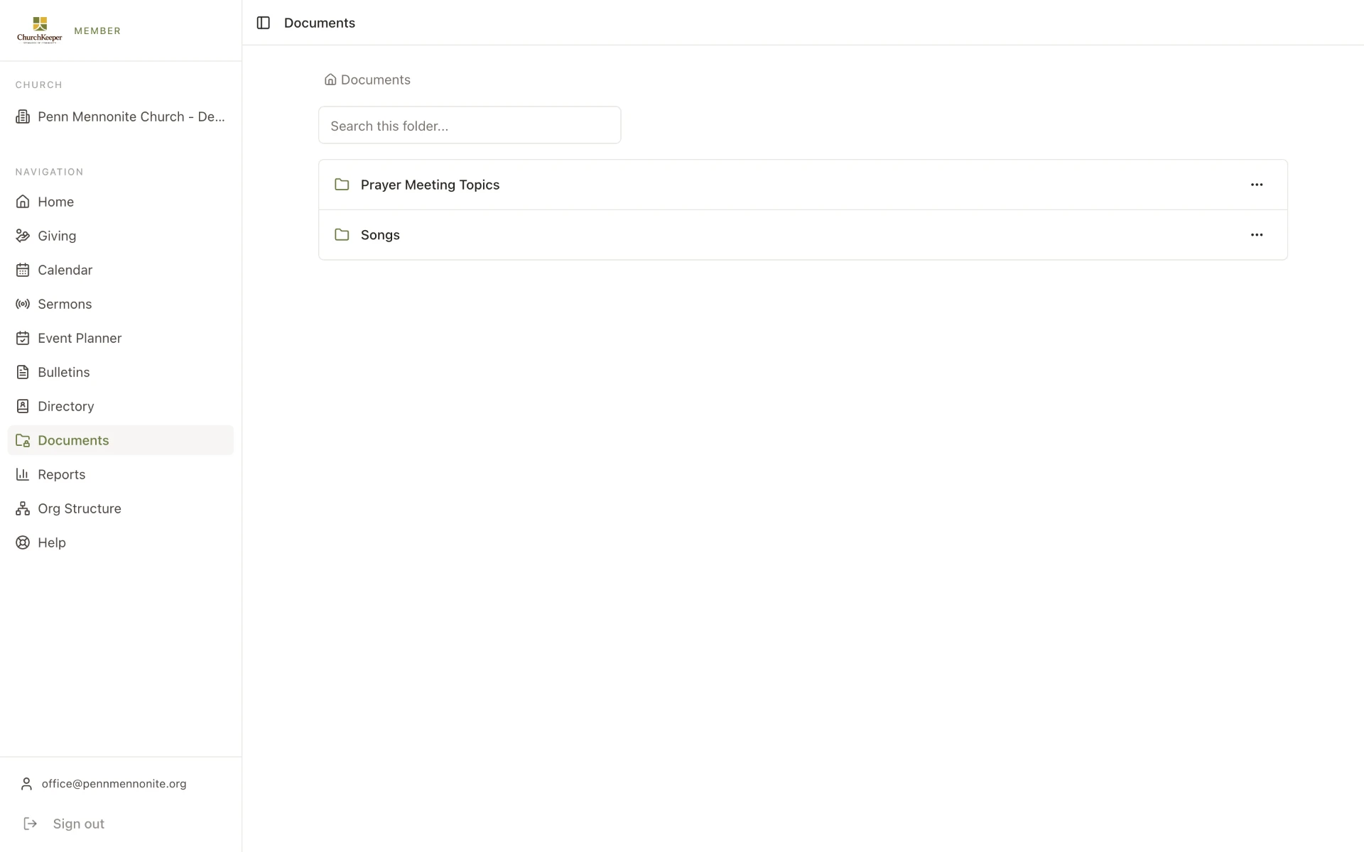 ChurchKeeper member portal Documents page showing only the two folders the member has been granted: Prayer Meeting Topics and Songs.