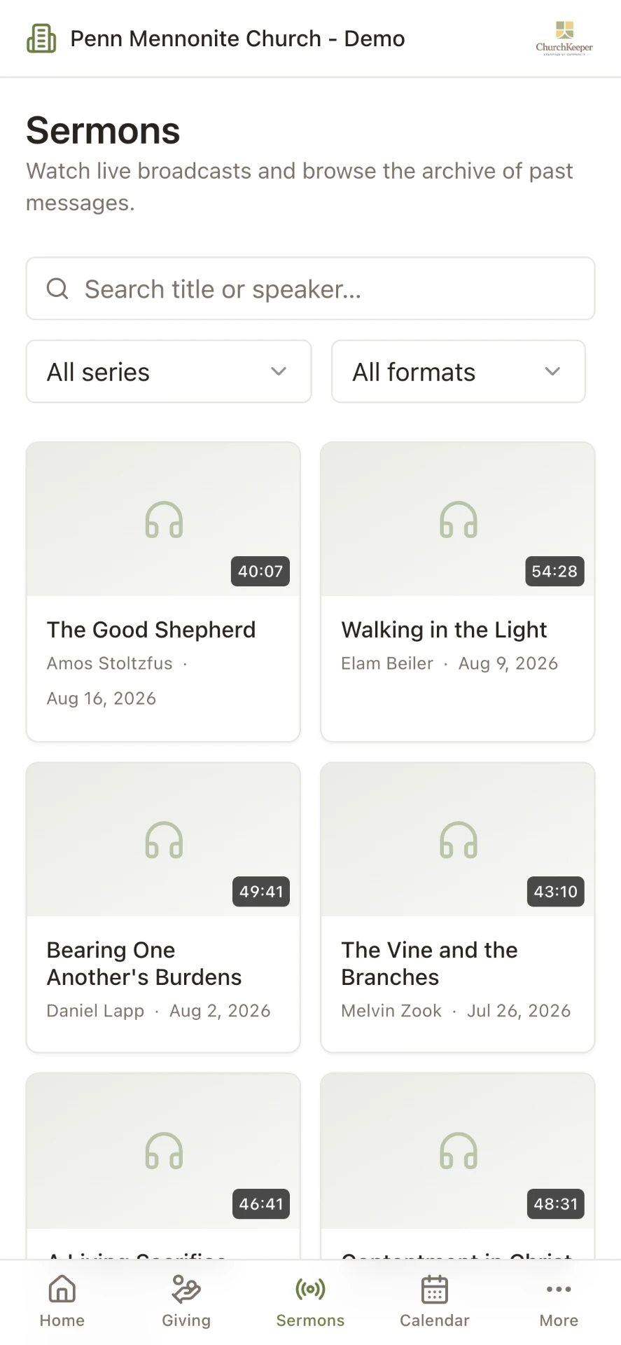 ChurchKeeper member portal sermons page listing recordings members can play.